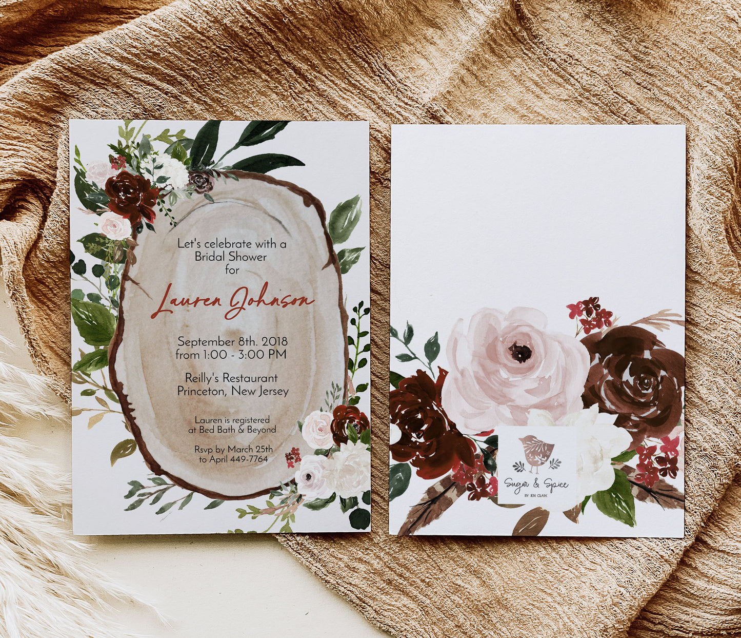 Boho Wood Slice Bridal Shower Invitation Digital Download